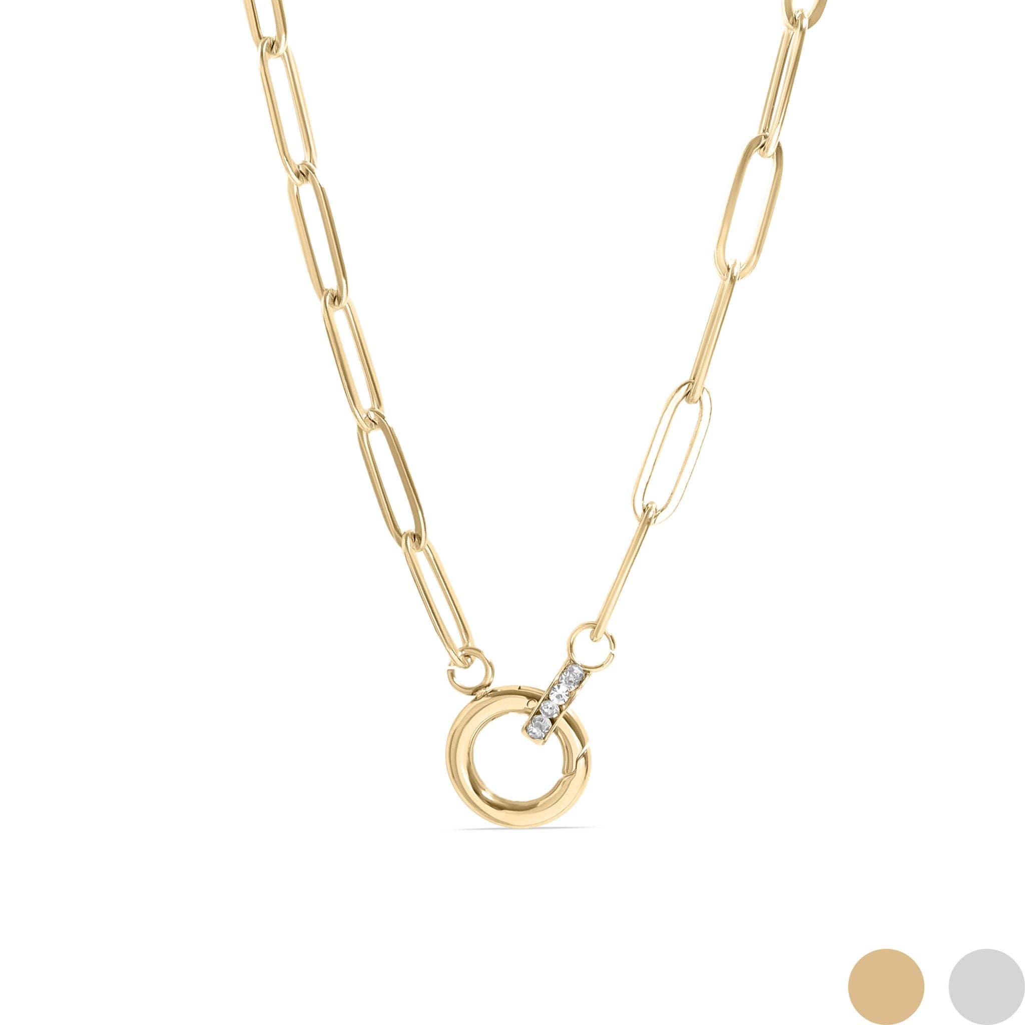 18K Gold PVD Paperclip Rhinestone Charm Holder Necklace