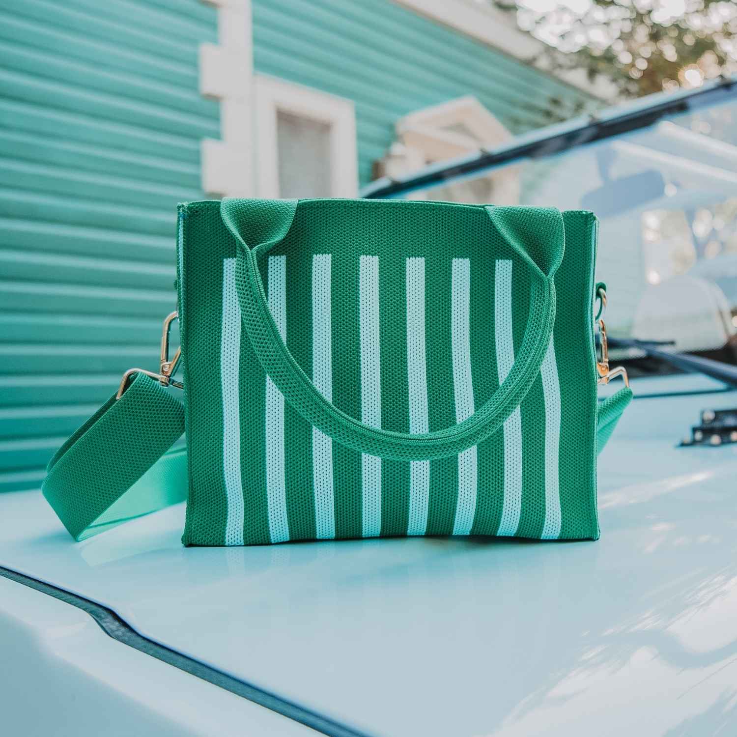 Green Striped Structured Mini Tote Purse