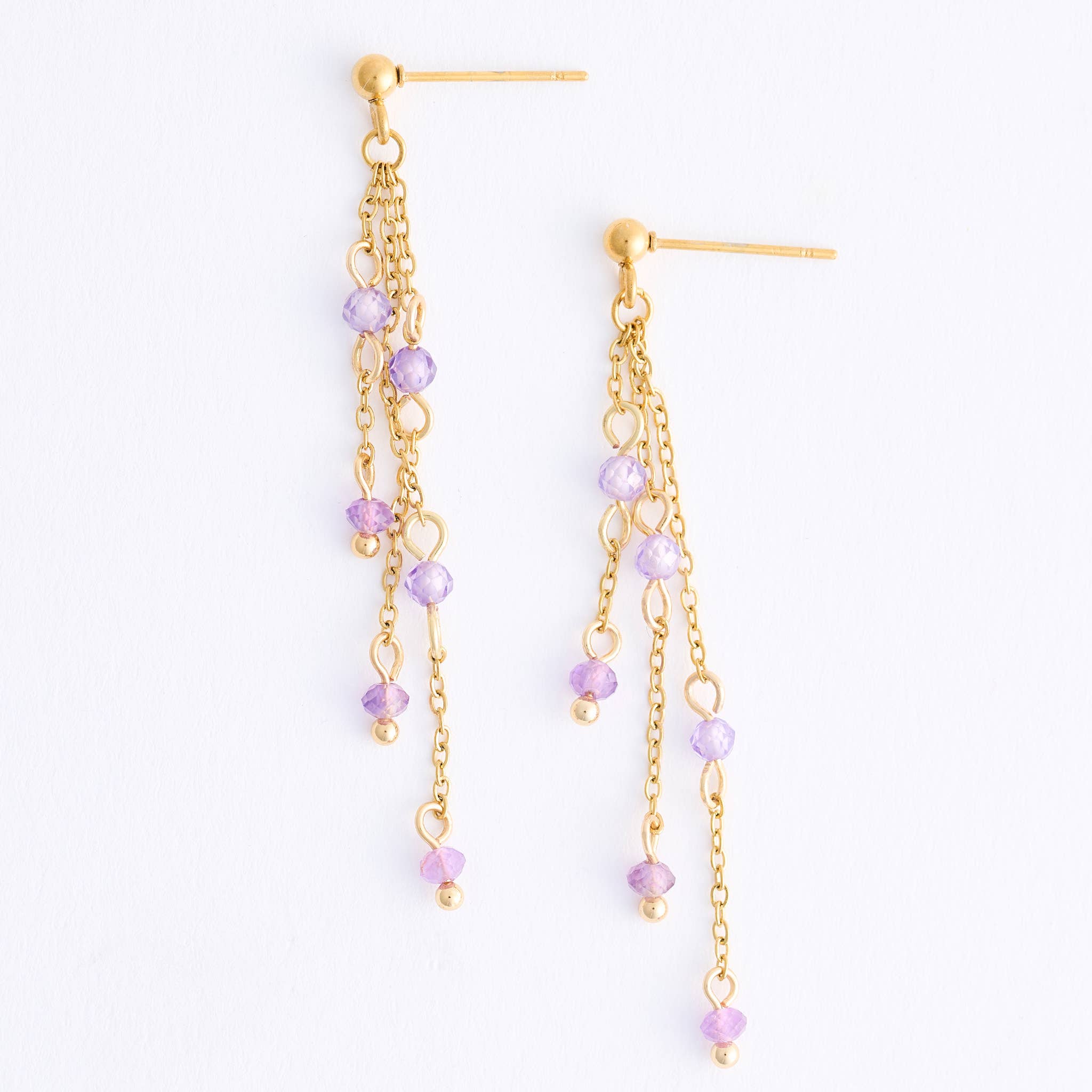 Waterproof Earrings Amethyst Drop Narelle Gold Beaded Chain