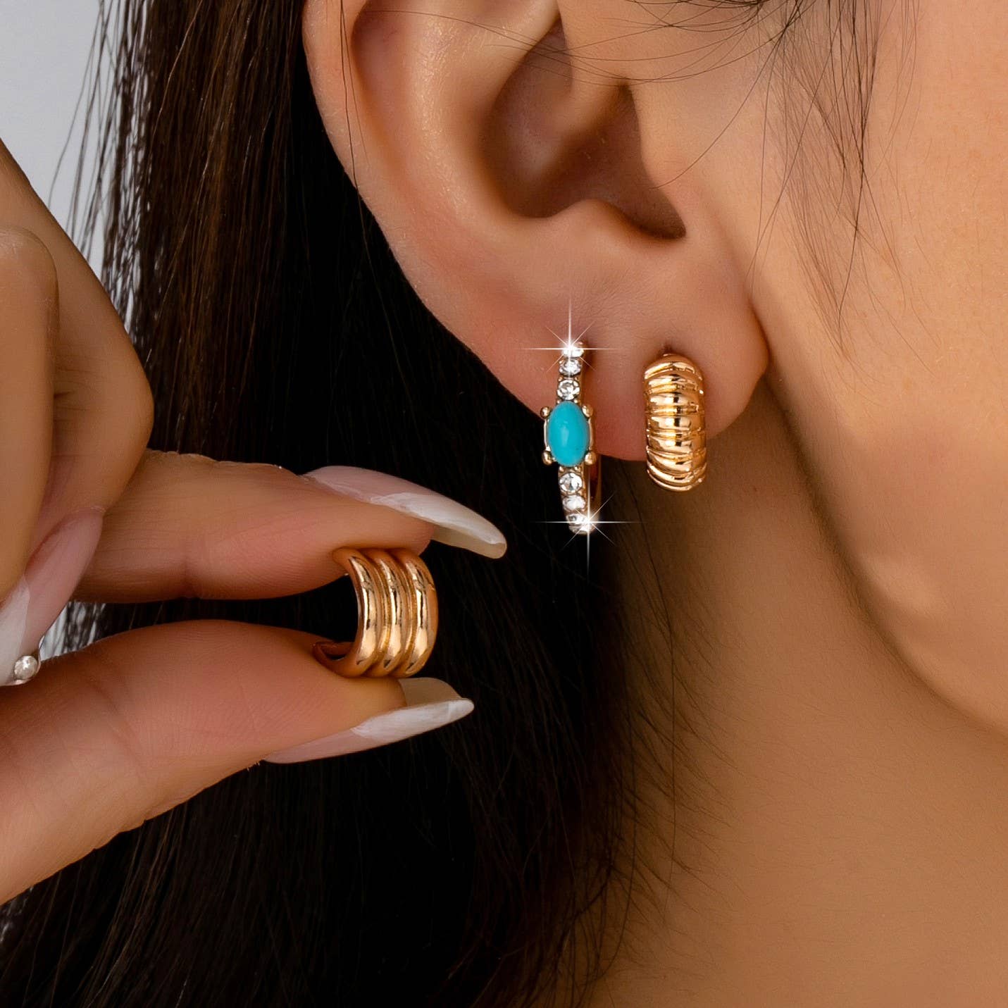 Turquoise Enamel Hoop Trio Earring Set | 80E61666