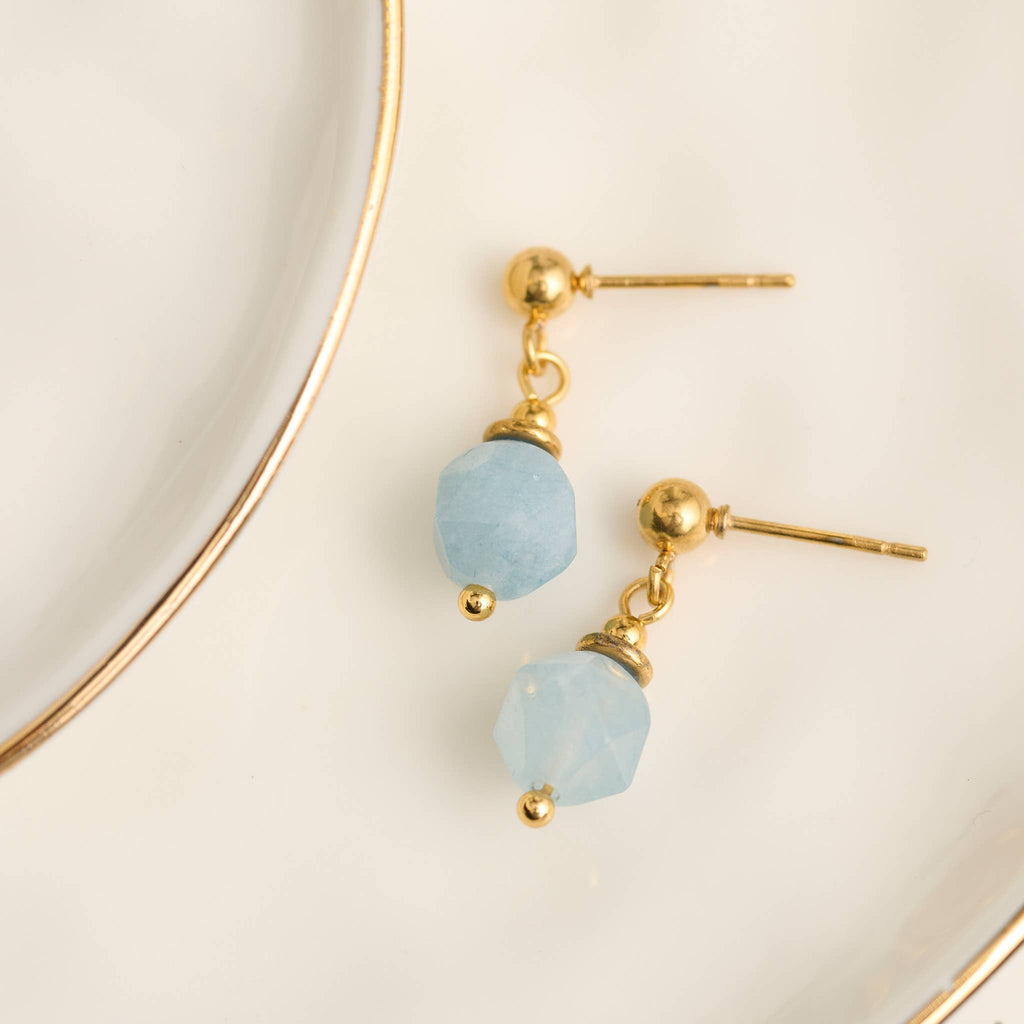 Waterproof Earrings Drop Faceted Aquamarine Gold Narelle