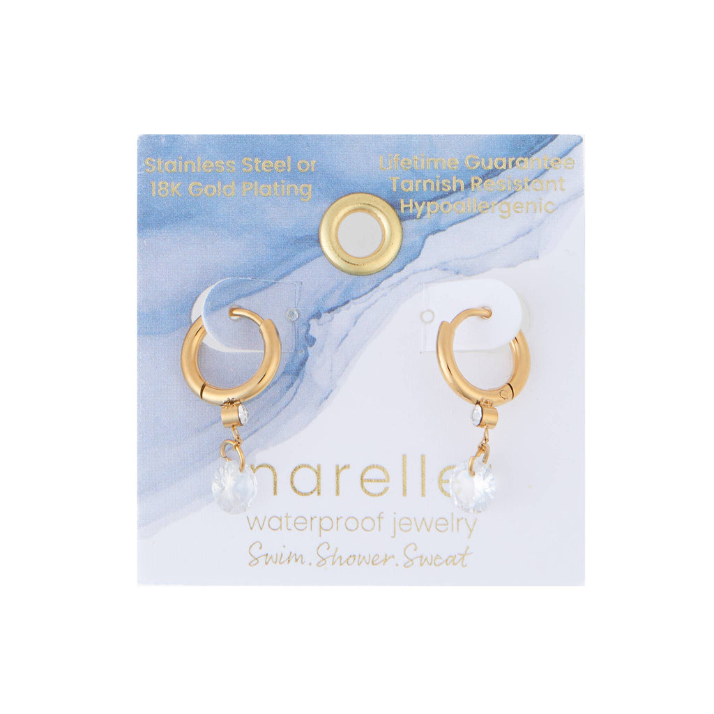 Waterproof Earrings Dangle CZ Charm Huggie in Gold & Steel