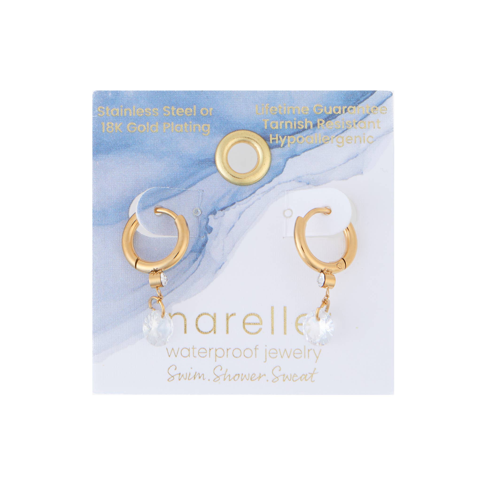 Waterproof Earrings Dangle CZ Charm Huggie in Gold & Steel