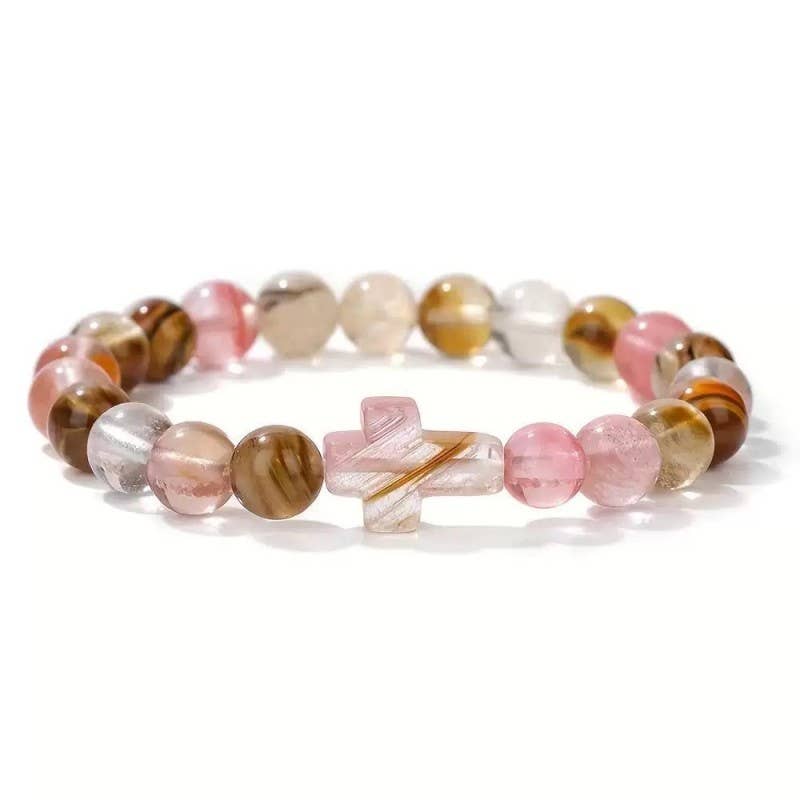 Boho Natural Stone Cross Charm Beaded Bracelet | 40B5248
