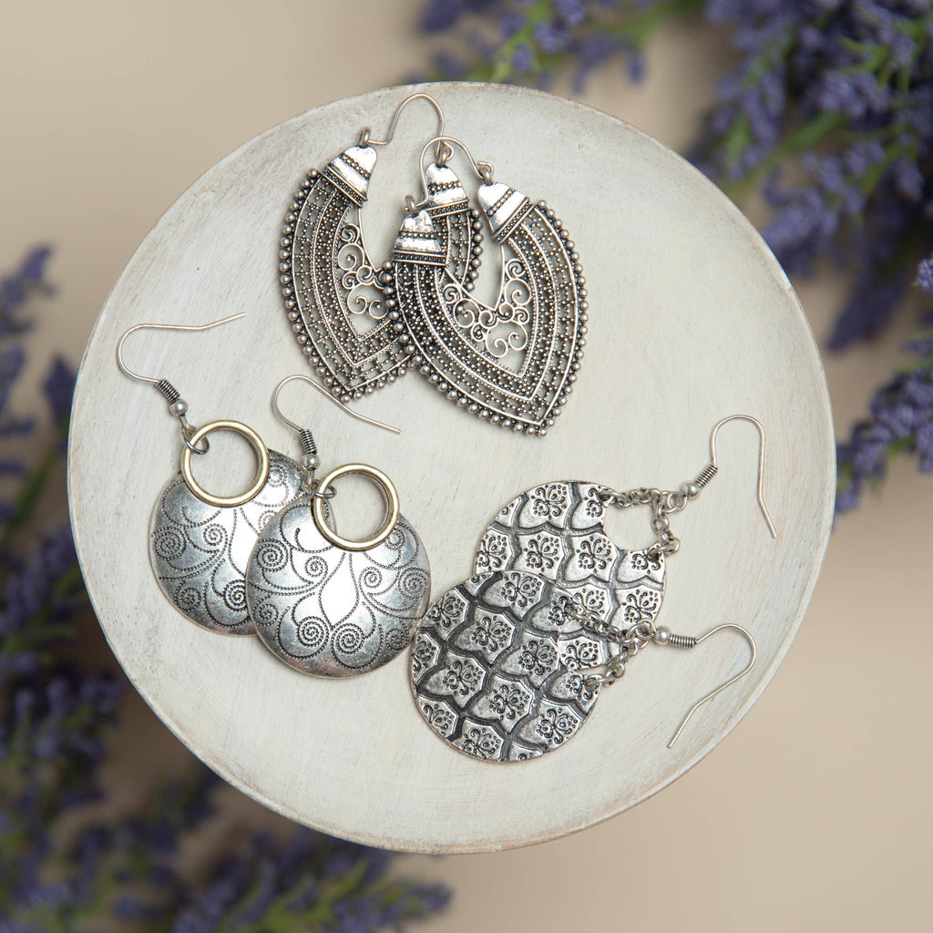 Wild Spirit Antique Silver Burnished Disc Drop Earrings
