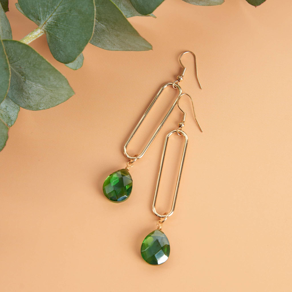 Acadia Jade Green Faceted Glass Long Gold Pendant Earrings