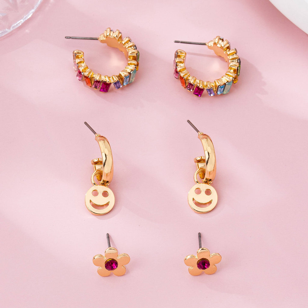 Rainbow Crystal, Smiley, and Floral Trio Earrings | 80E62109