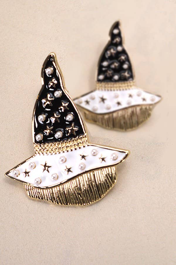 HALLOWEEN WITCH HAT PEARL STAR EPOXY EARRING | 31E24553