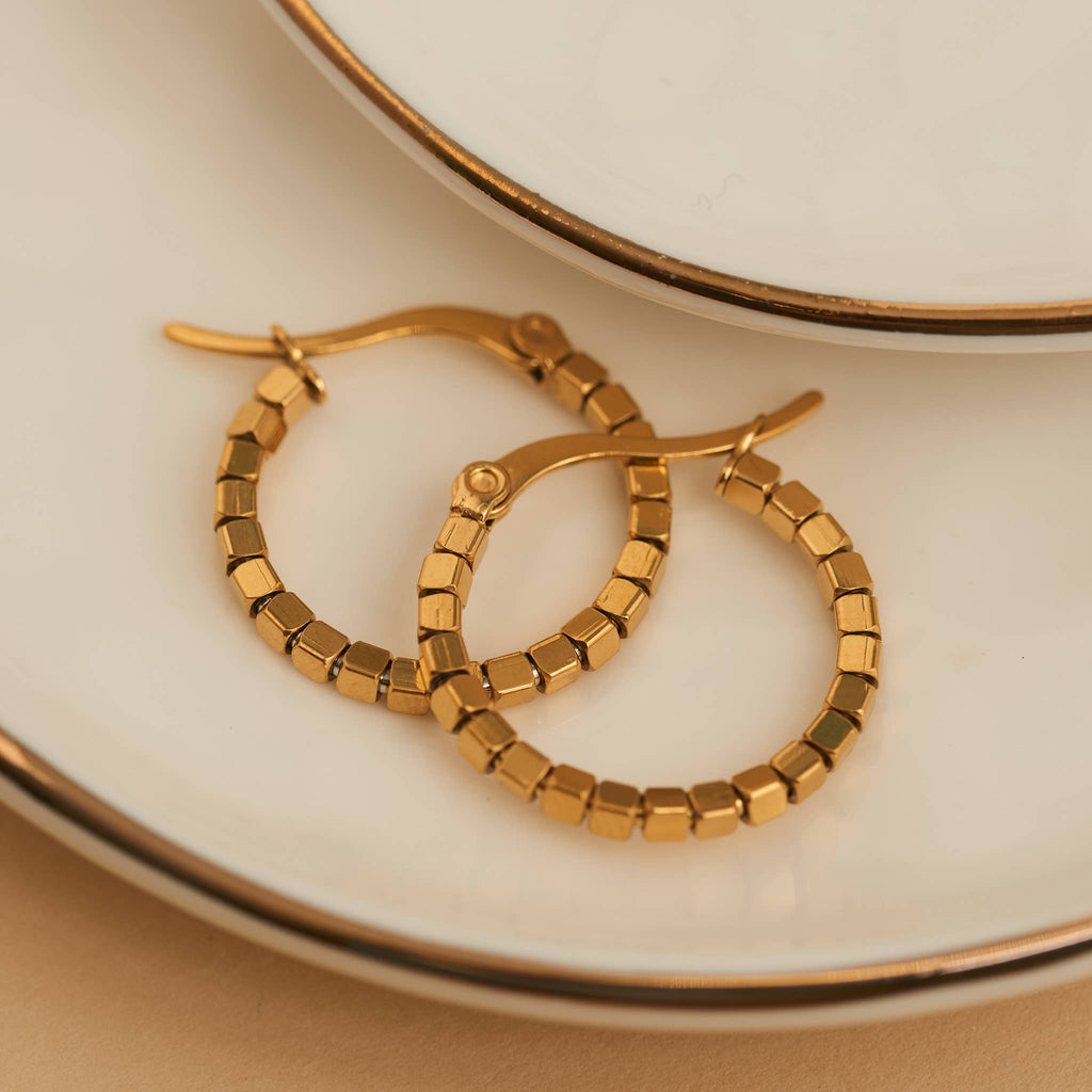 Waterproof Earrings Square Beaded Hoop in Gold & Steel