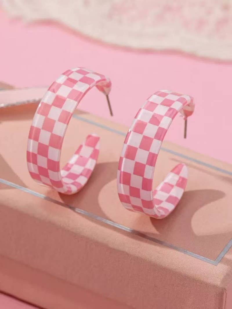 Retro Checkerboard Resin Hoop Earrings | 40E480
