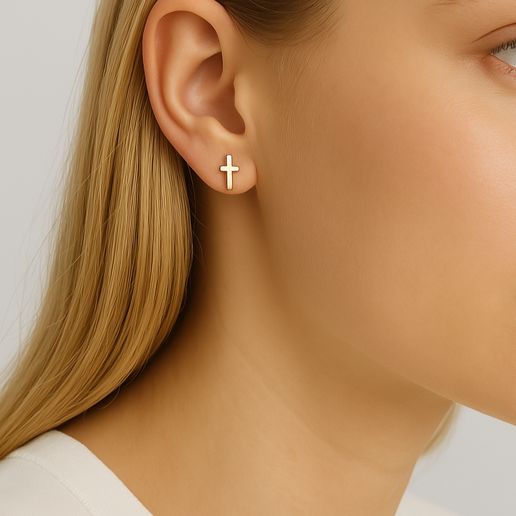 18K Gold PVD Stainless Steel Cross Stud Earrings