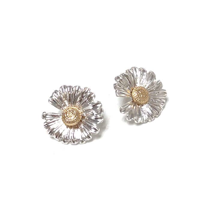 Brass Flower Two Tone Plated Stud Earrings