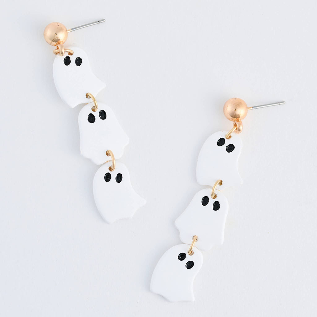 Halloween Earrings Stacked Ghost Drop Gold Stud