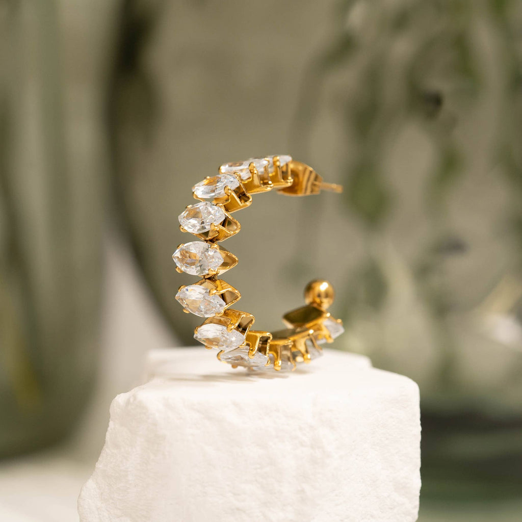 18K Gold PVD Stainless Steel Marquis CZ Stone Hoop Earrings