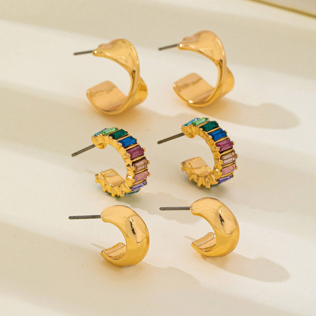 Multi Colored Baguette Twisted Hoop Trio Earring | 80E62566