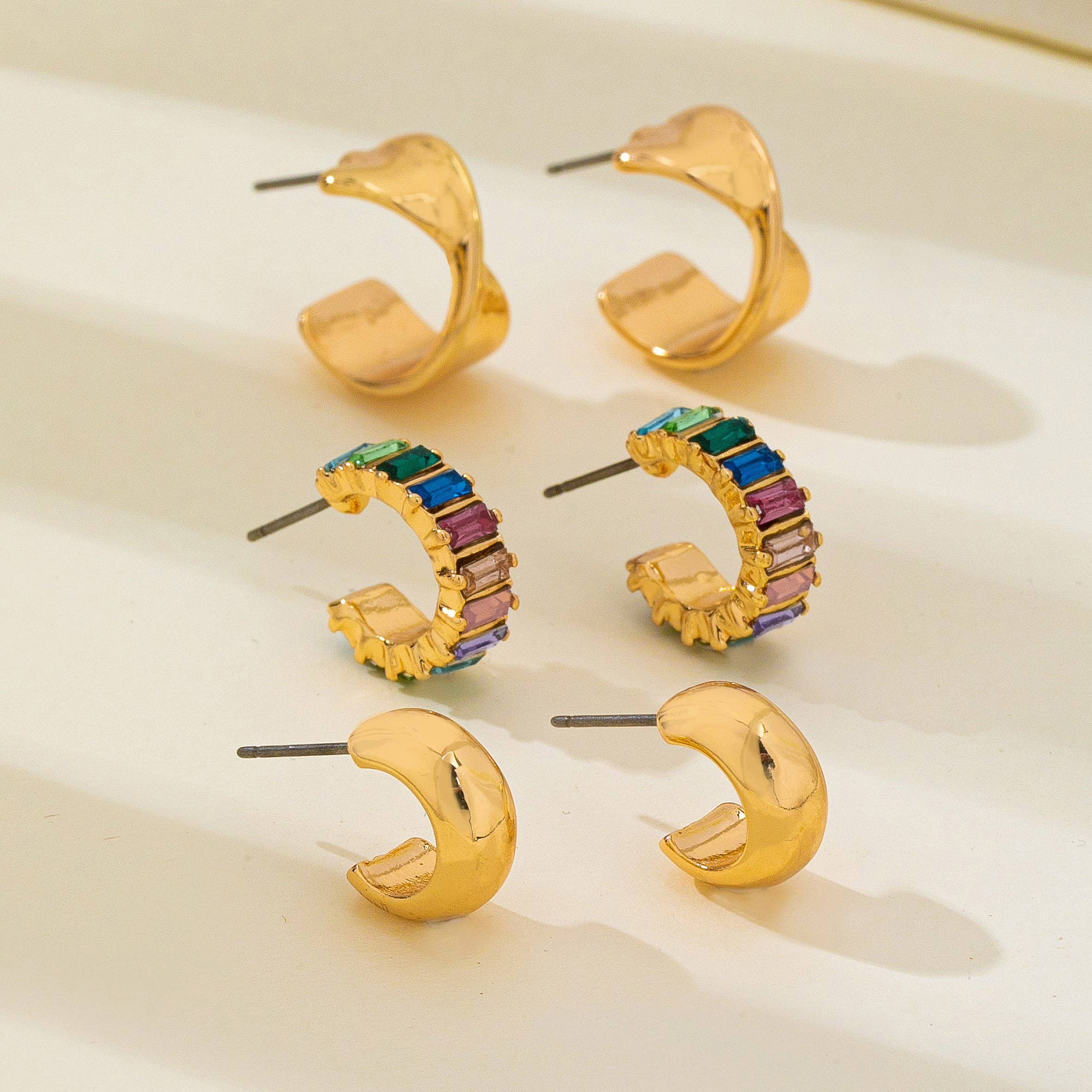 Multi Colored Baguette Twisted Hoop Trio Earring | 80E62566