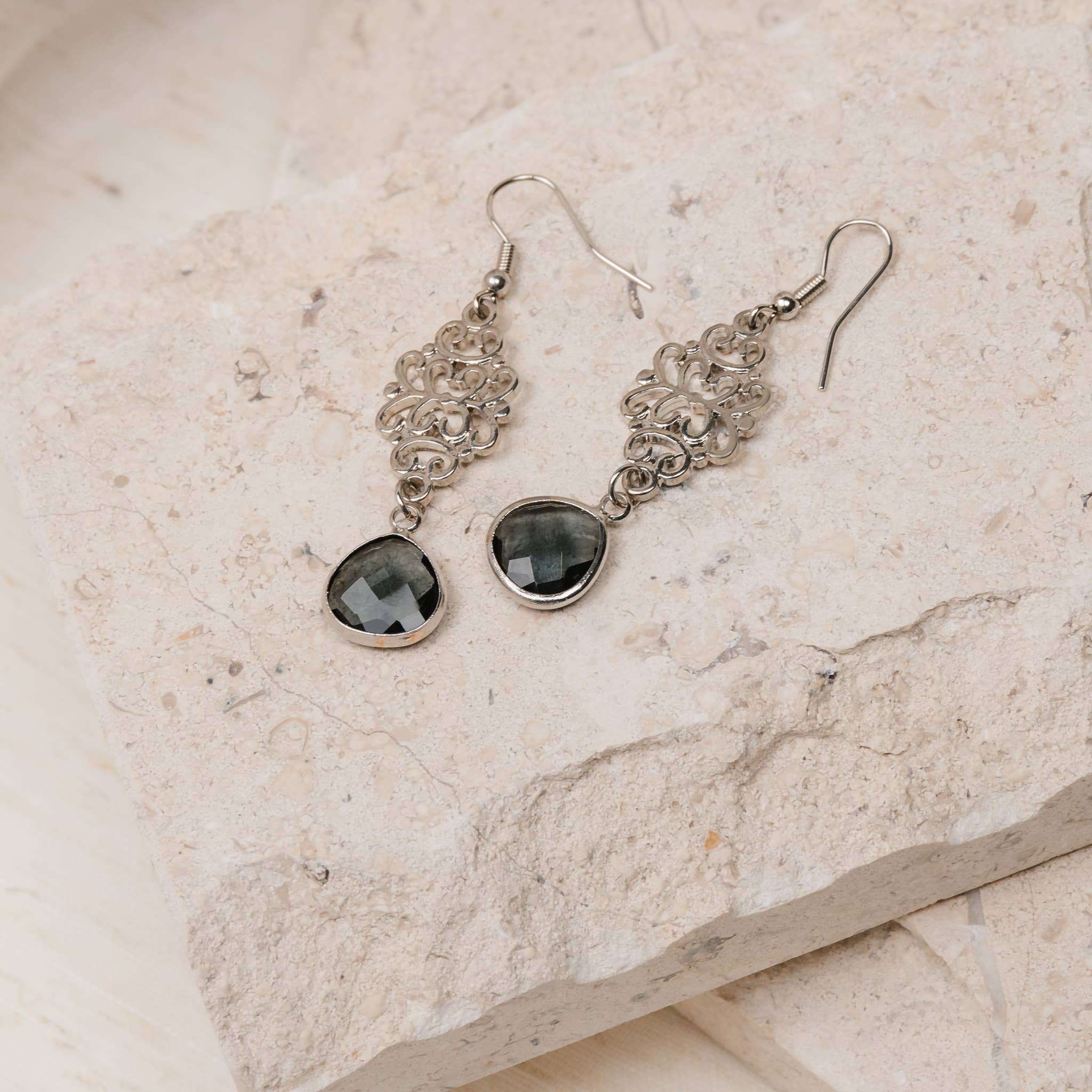 Esme Black Glass Bead Filigree Drop Earring