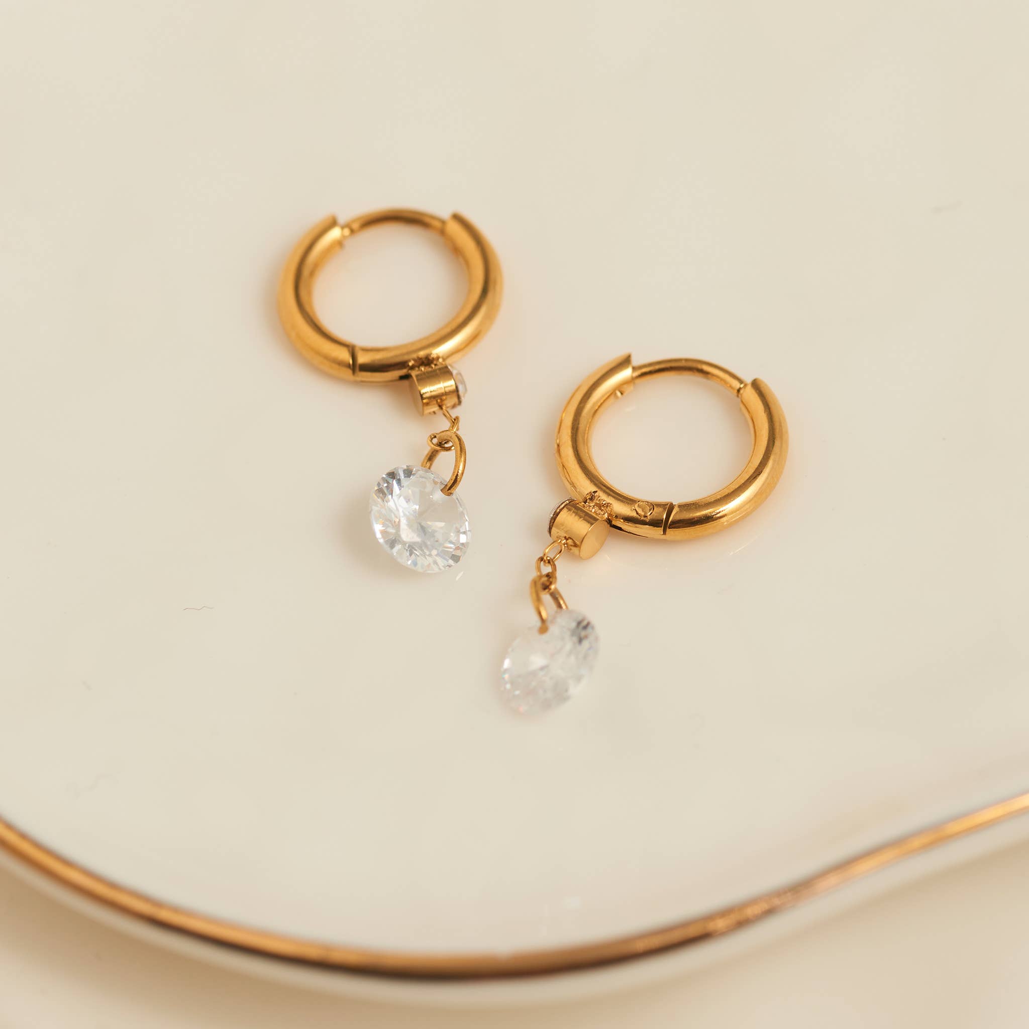 Waterproof Earrings Dangle CZ Charm Huggie in Gold & Steel