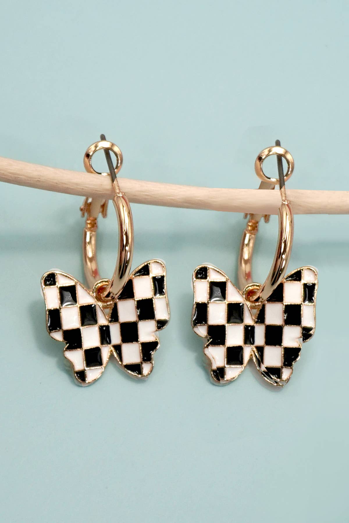 CHECKER BUTTERFLY HUGGIE HOOP DROP EARRINGS | 80E61128