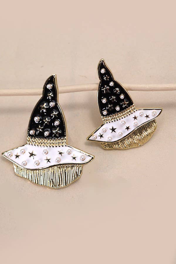 HALLOWEEN WITCH HAT PEARL STAR EPOXY EARRING | 31E24553
