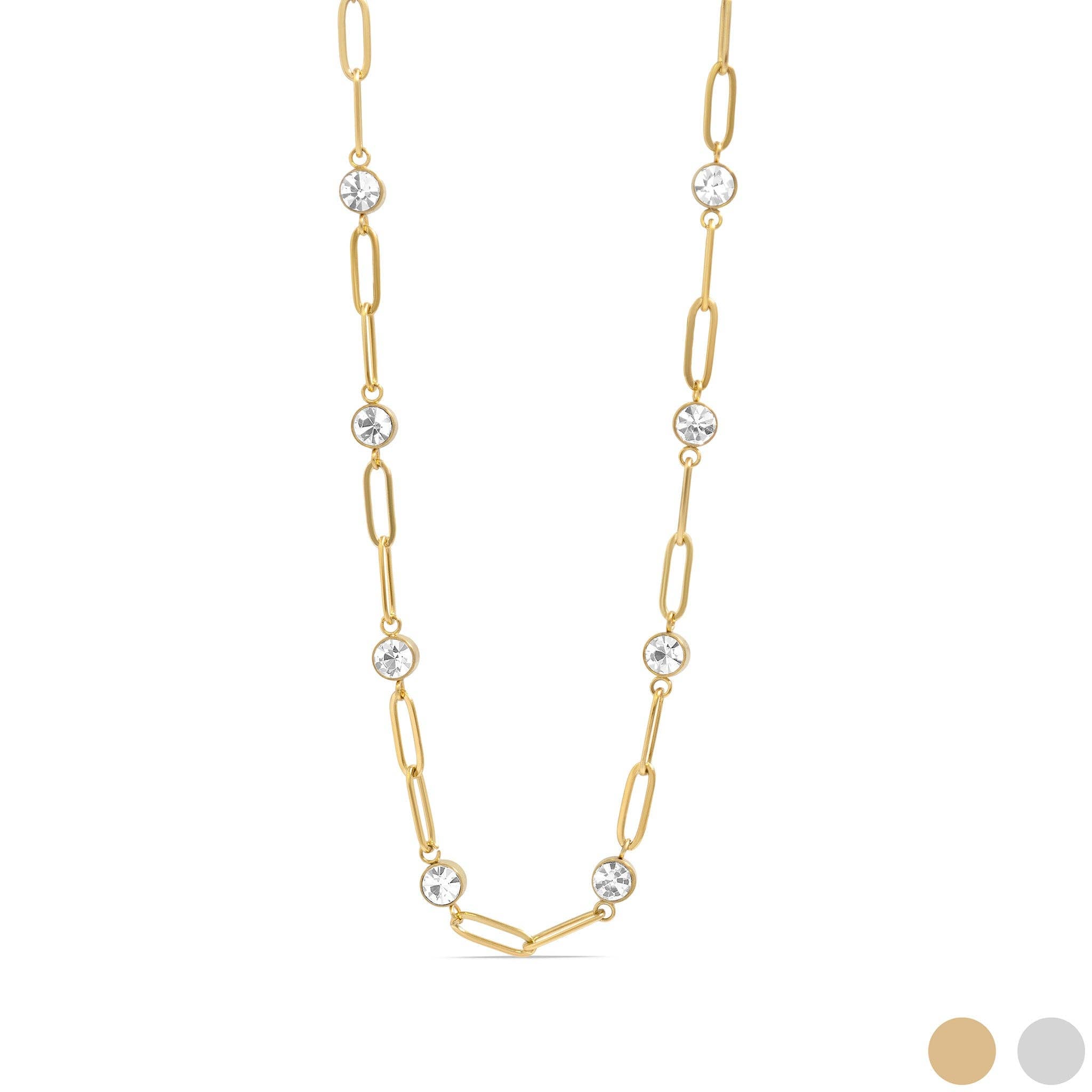 18K Gold PVD Steel Station Stone Paperclip Chain Necklace