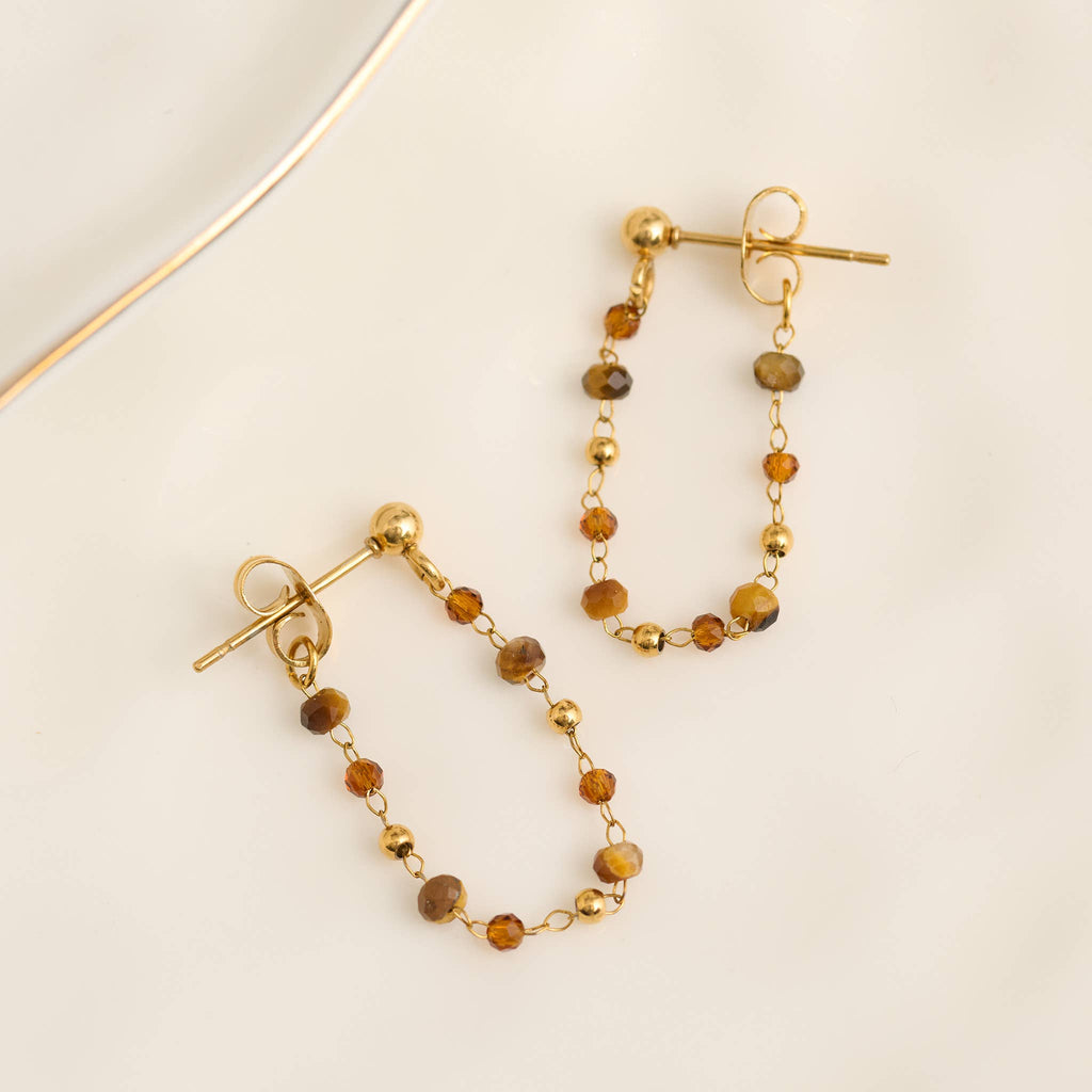 Waterproof Earrings Gemstone Beaded Drop Narelle Gold