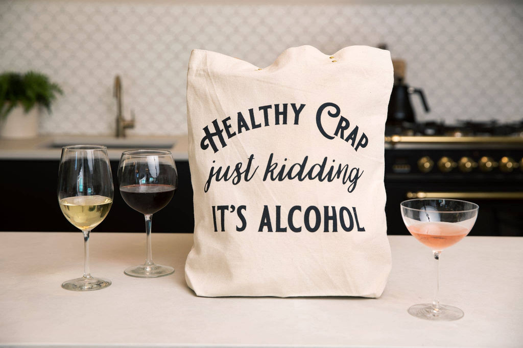 Healthy Crap Tote Bag (wine grocery, alcohol canvas, leather, mothers day)