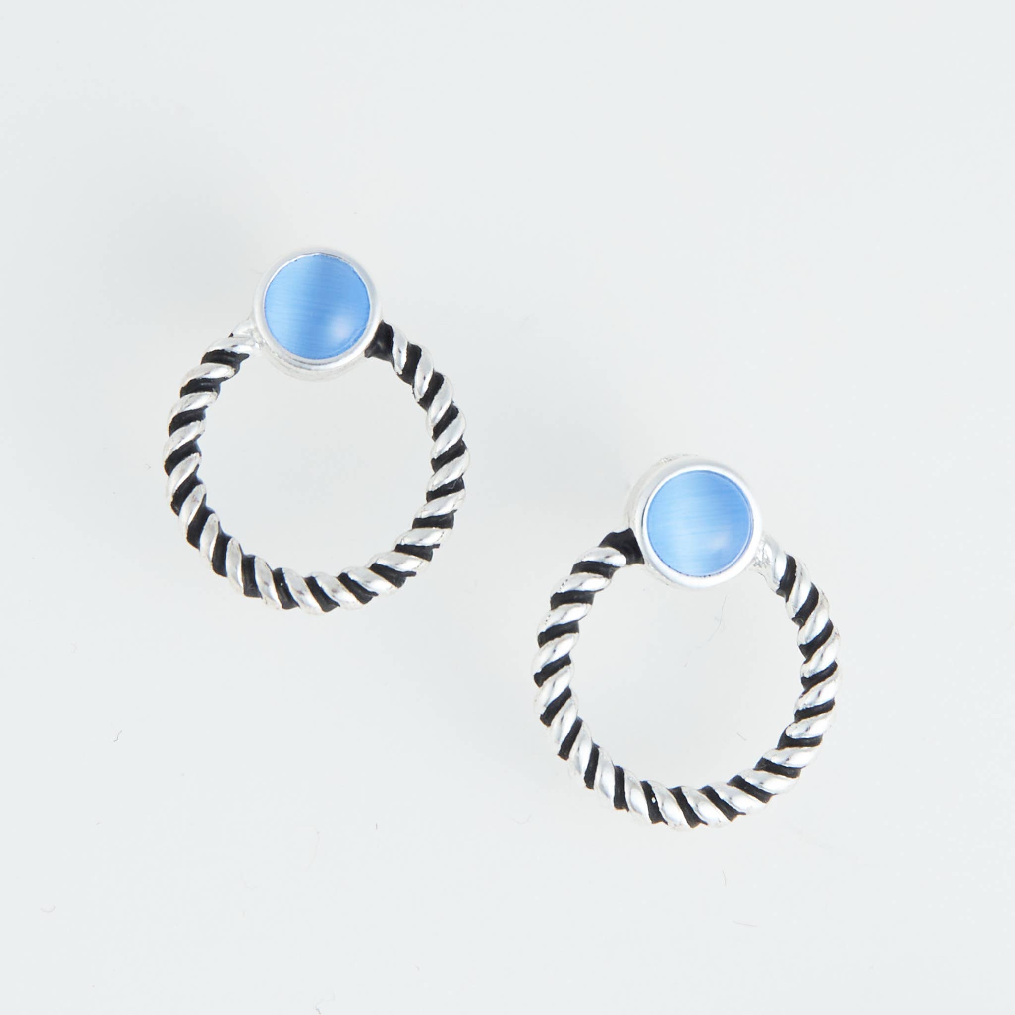 Silver Antique Rope Circle Blue Cateye Earrings