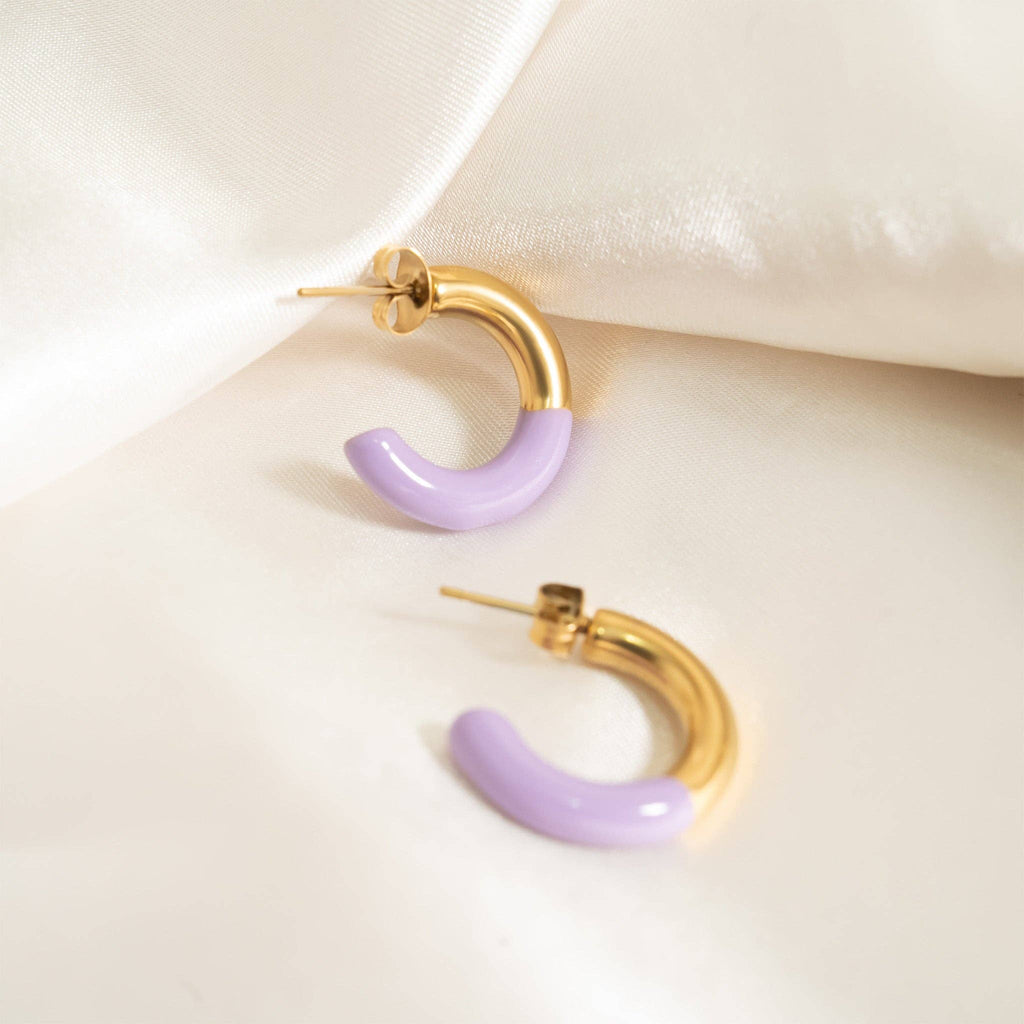 18K Gold PVD Stainless Steel Purple Epoxy Huggie Earrings
