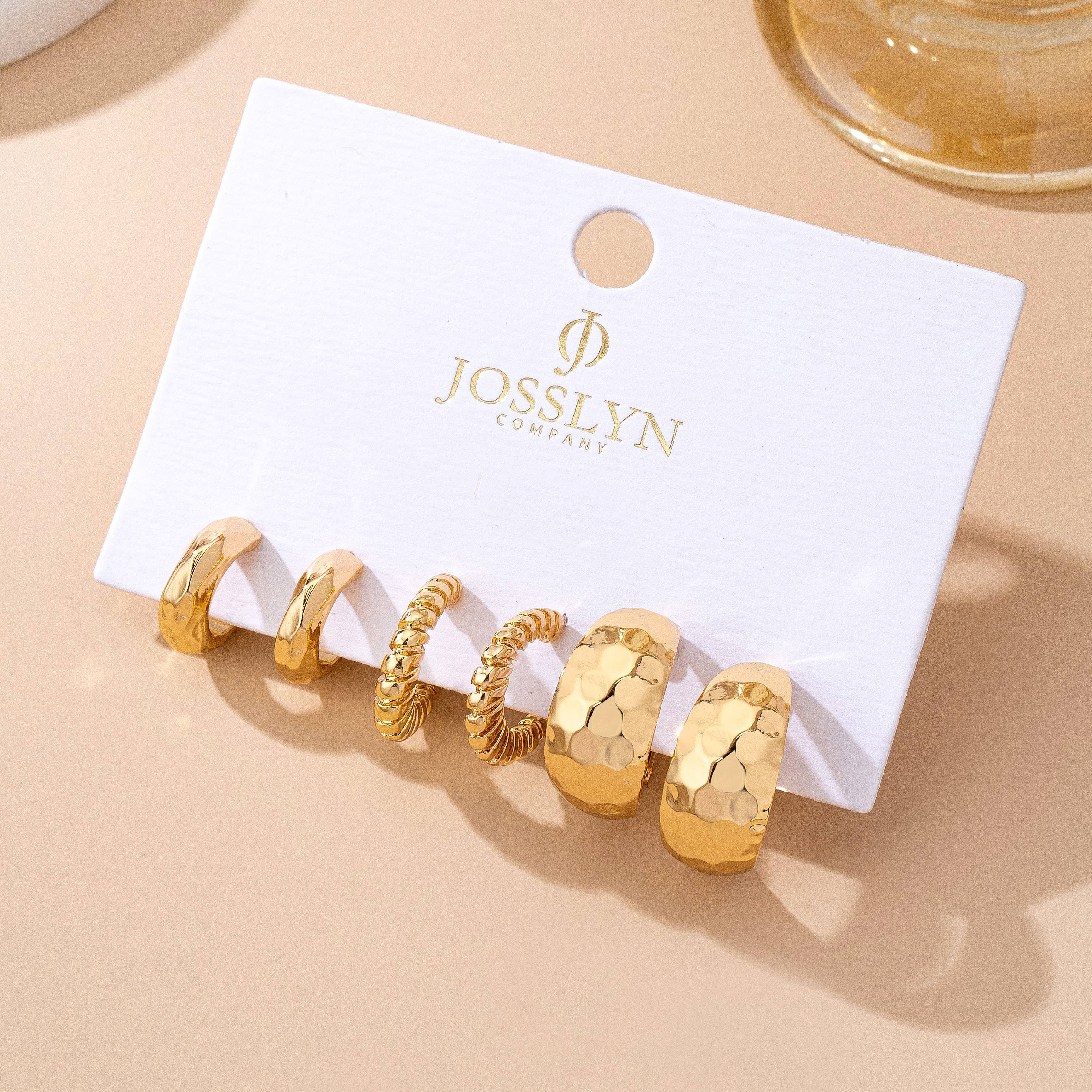 Mixed Texture Gold Crescent Hoop Trio Earring Set | 80E61795