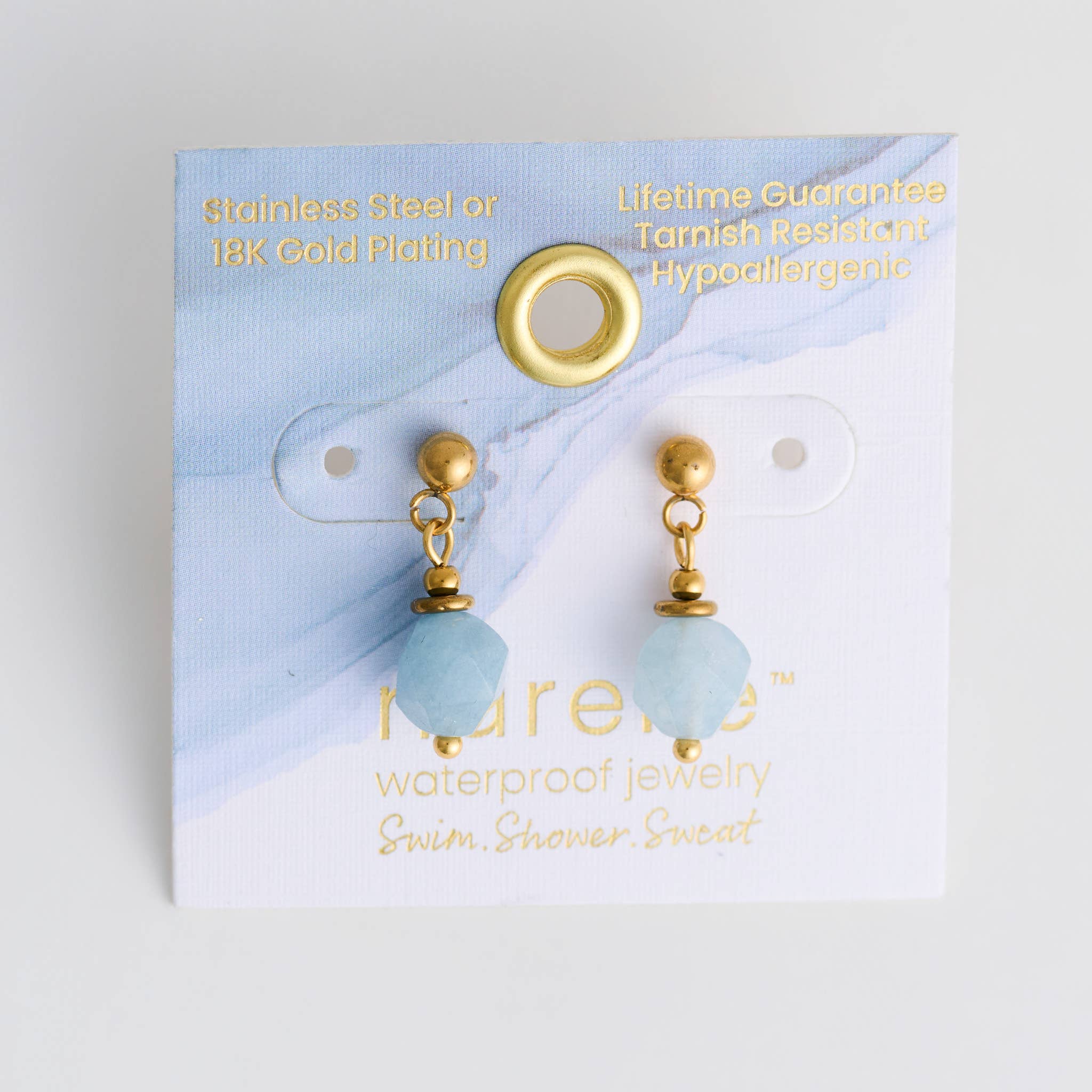 Waterproof Earrings Drop Faceted Aquamarine Gold Narelle