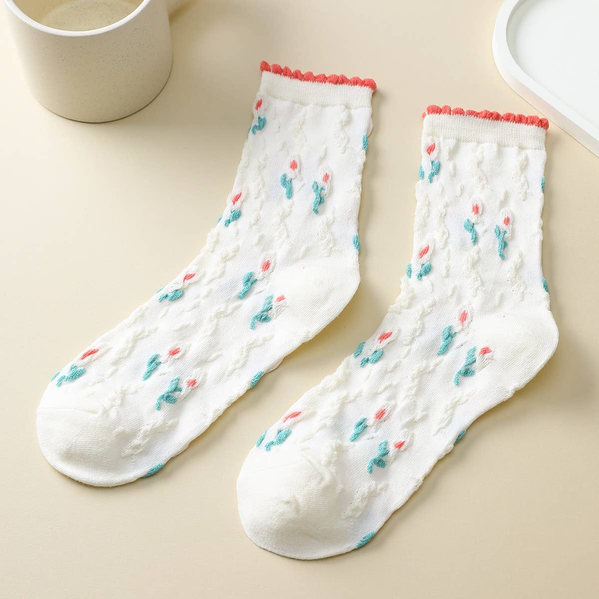 Woman Embroidered Texture Crew Sock | 40S02085