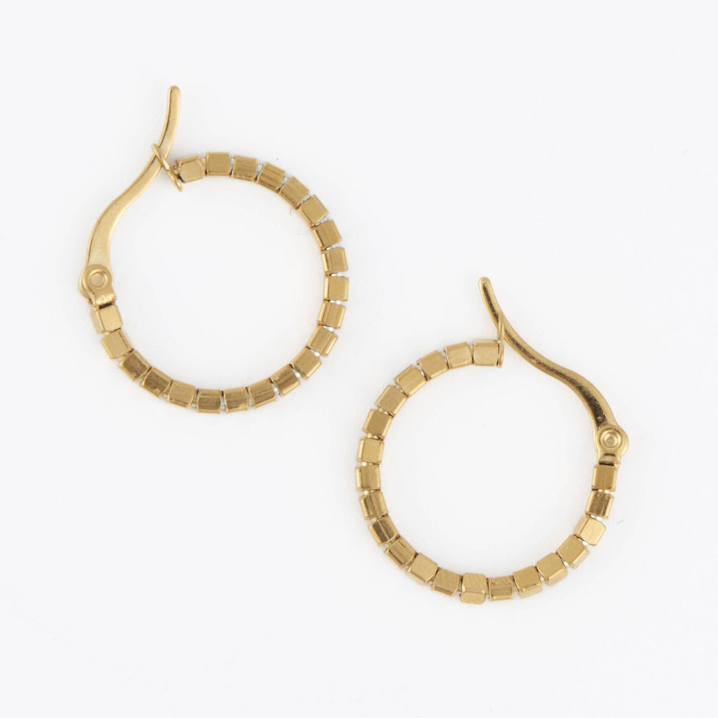 Waterproof Earrings Square Beaded Hoop in Gold & Steel