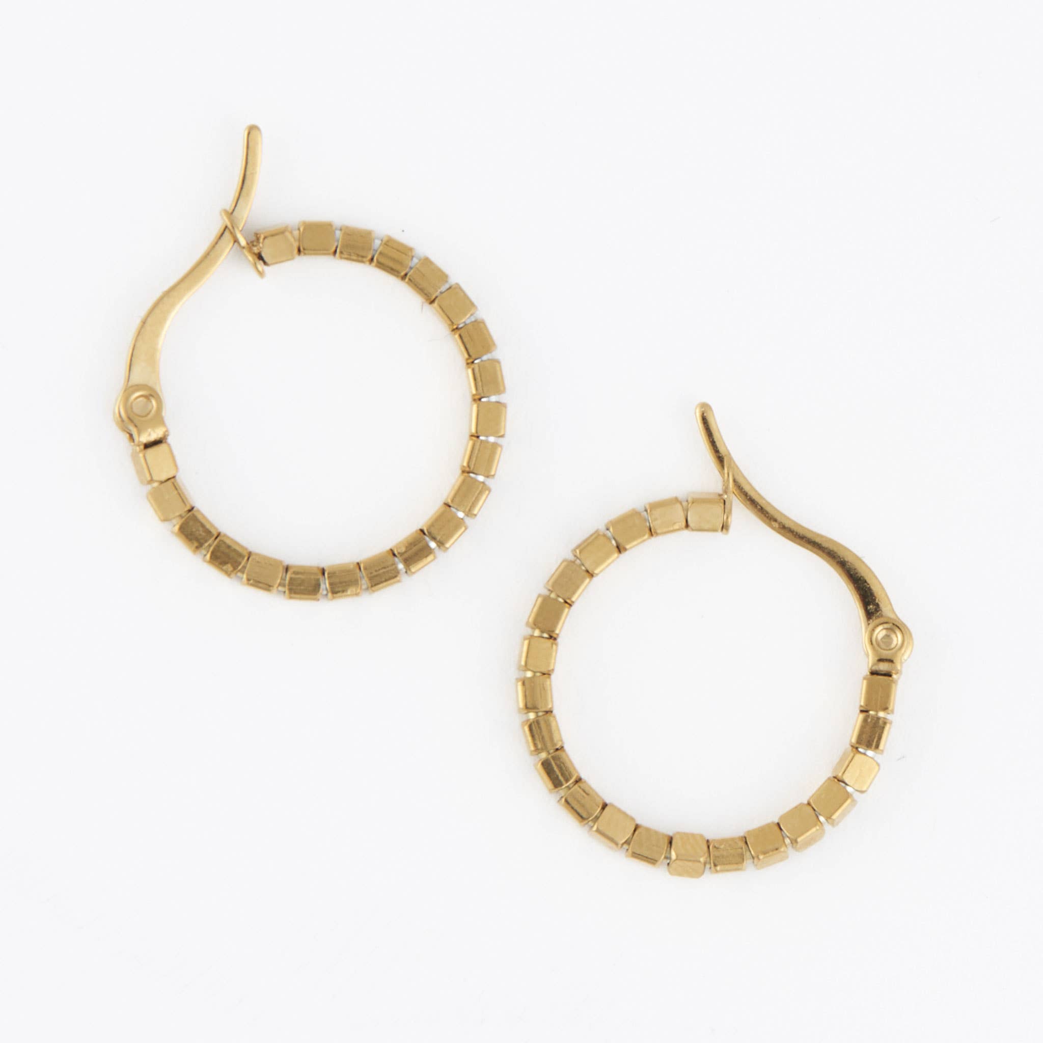 Waterproof Earrings Square Beaded Hoop in Gold & Steel