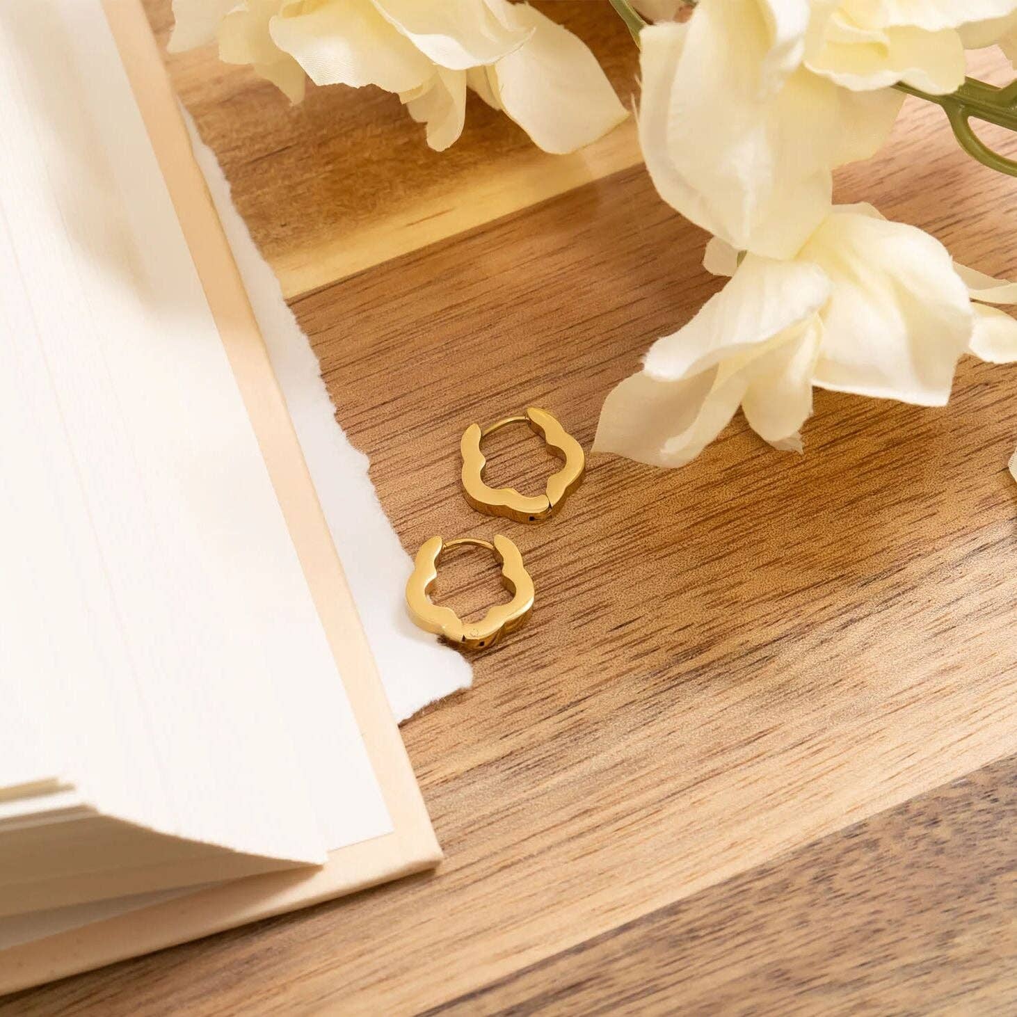 18K Gold PVD Stainless Steel Flower Huggie Earrings