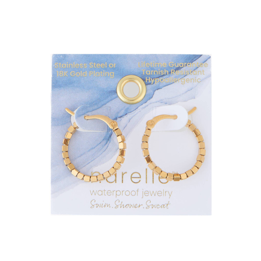 Waterproof Earrings Square Beaded Hoop in Gold & Steel