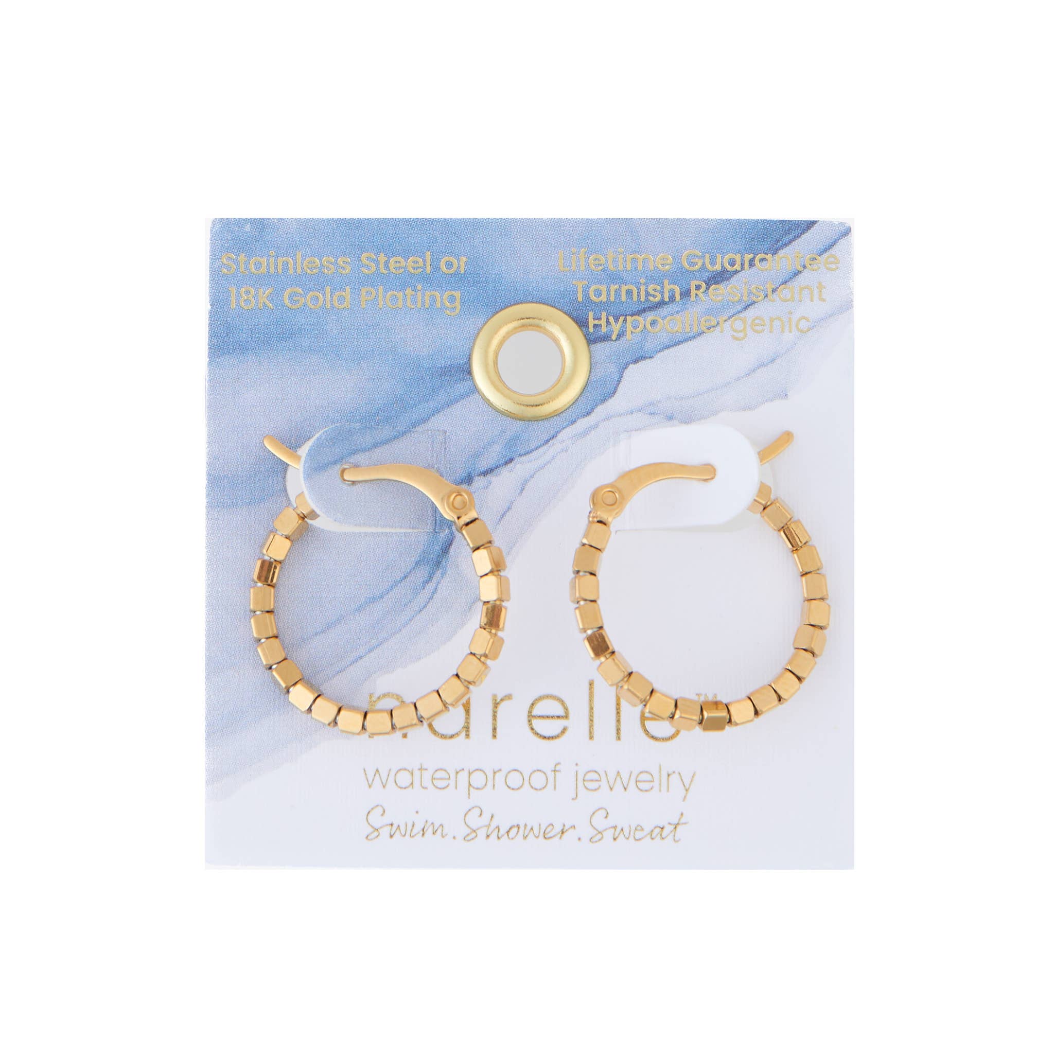 Waterproof Earrings Square Beaded Hoop in Gold & Steel