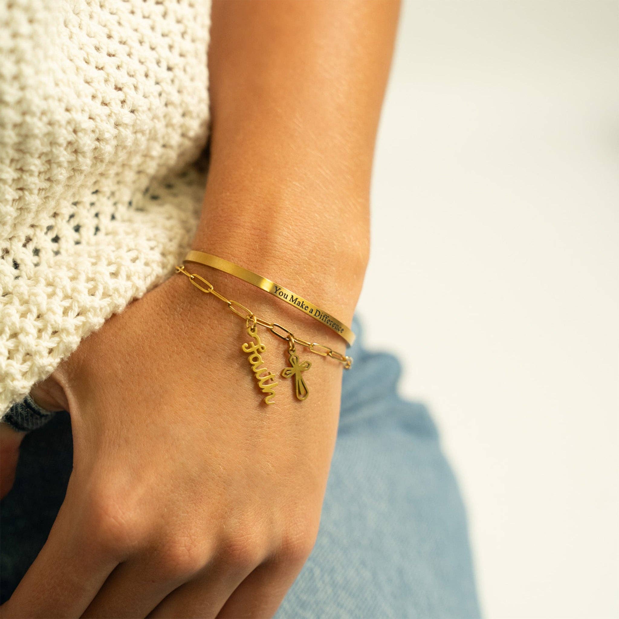 18K Gold PVD You Make a Difference Engraved Bangle Bracelet