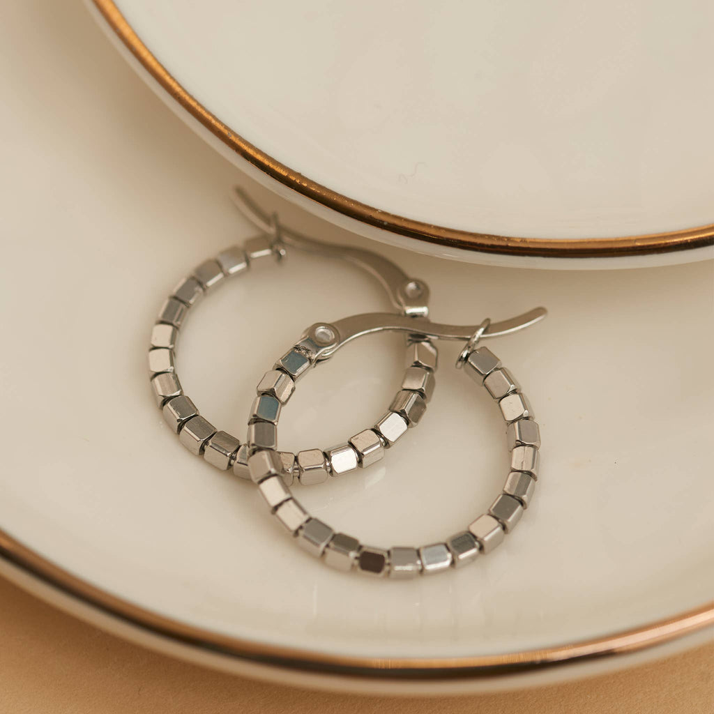 Waterproof Earrings Square Beaded Hoop in Gold & Steel