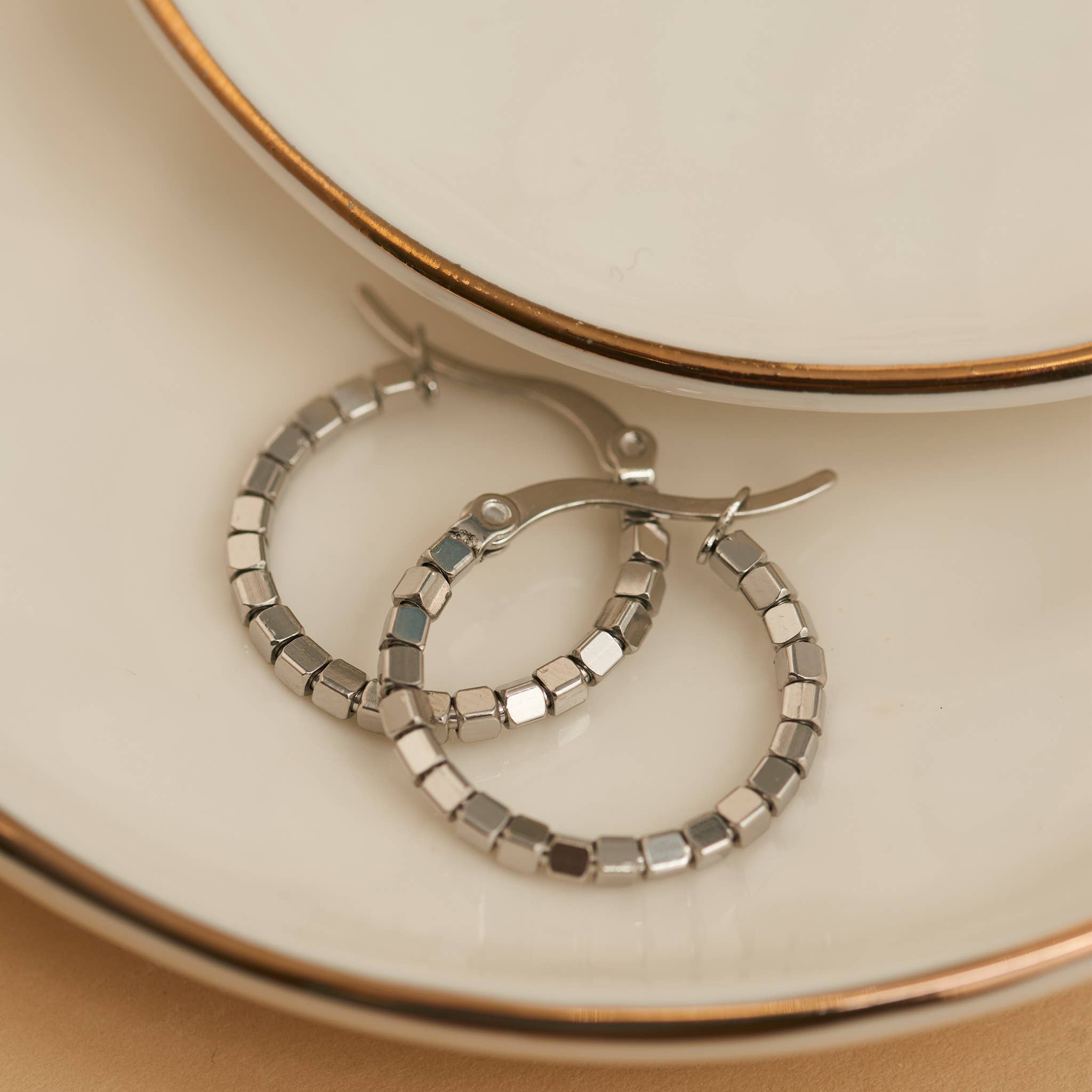 Waterproof Earrings Square Beaded Hoop in Gold & Steel