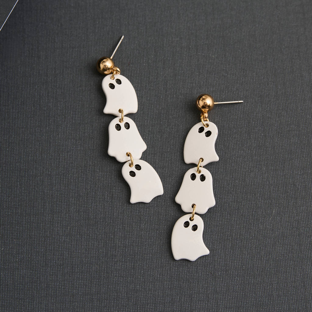 Halloween Earrings Stacked Ghost Drop Gold Stud