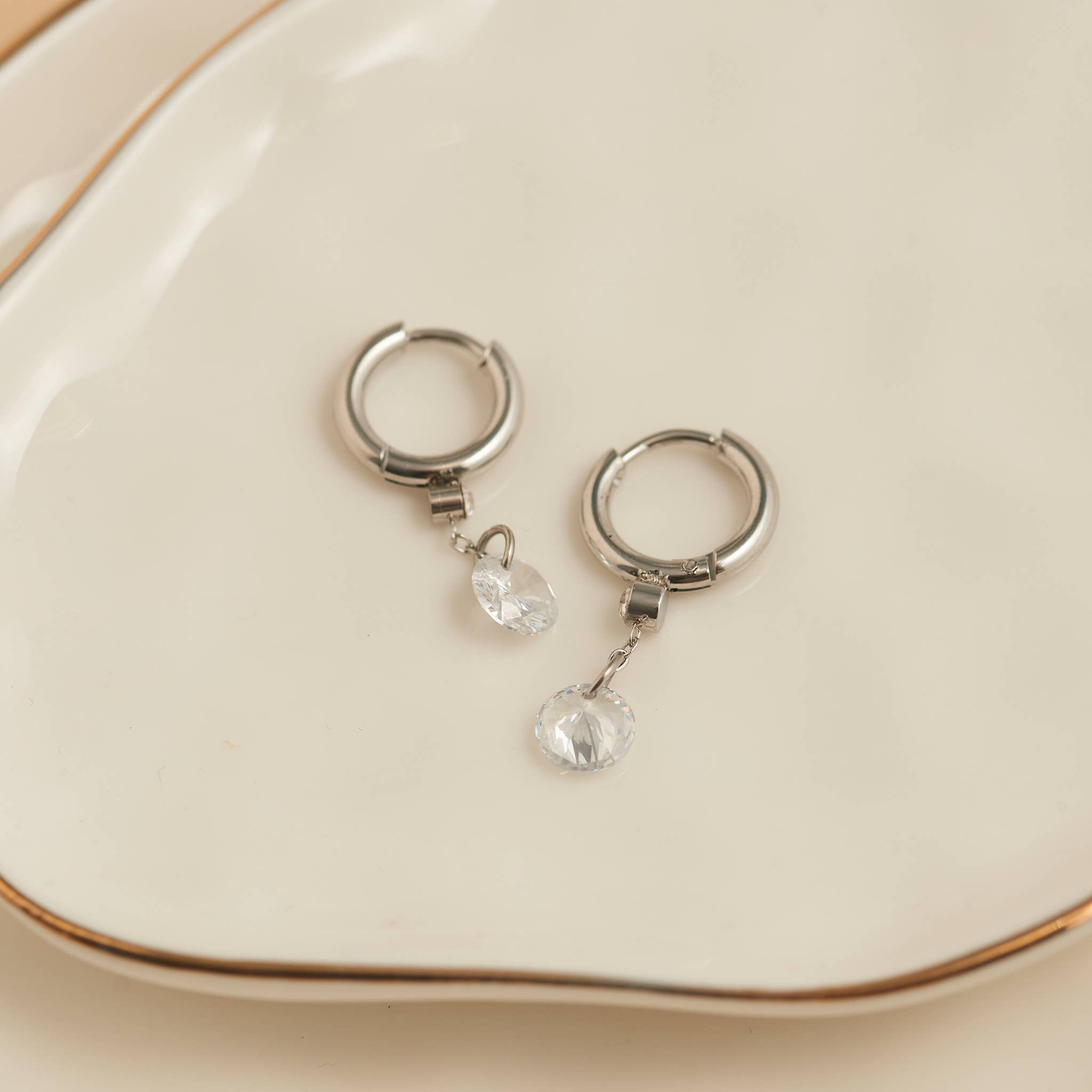 Waterproof Earrings Dangle CZ Charm Huggie in Gold & Steel