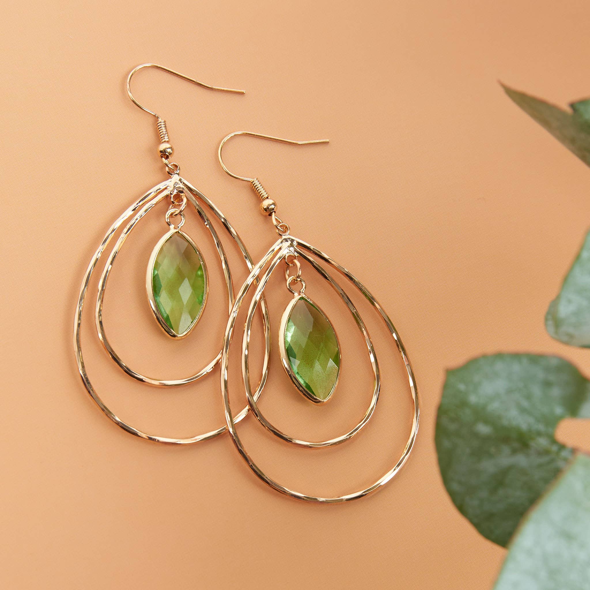 Acadia Faceted Green Glass Gold Double Teardrop Earrings