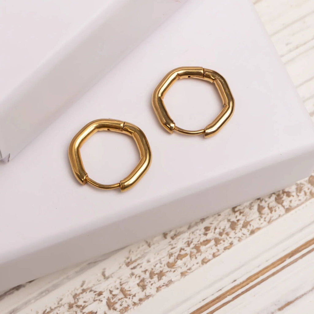 18K Gold PVD Stainless Steel Rounded Geometric Huggie Hoop Earrings / ERJ0006