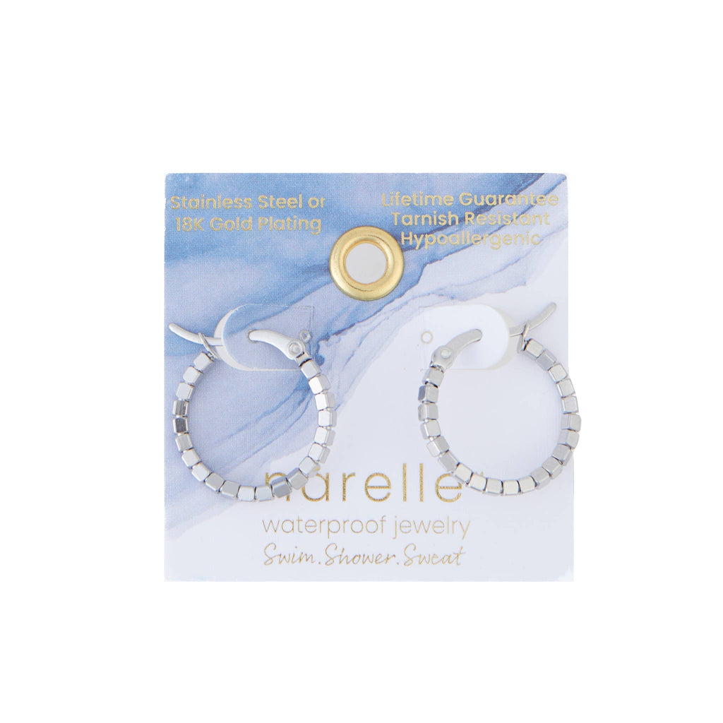 Waterproof Earrings Square Beaded Hoop in Gold & Steel