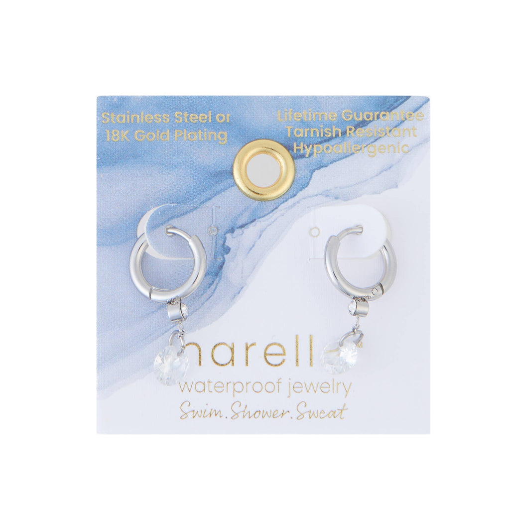 Waterproof Earrings Dangle CZ Charm Huggie in Gold & Steel