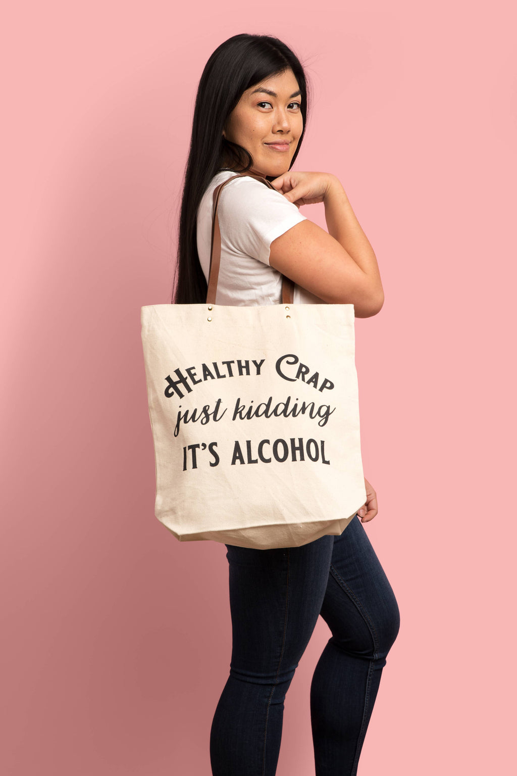 Healthy Crap Tote Bag (wine grocery, alcohol canvas, leather, mothers day)