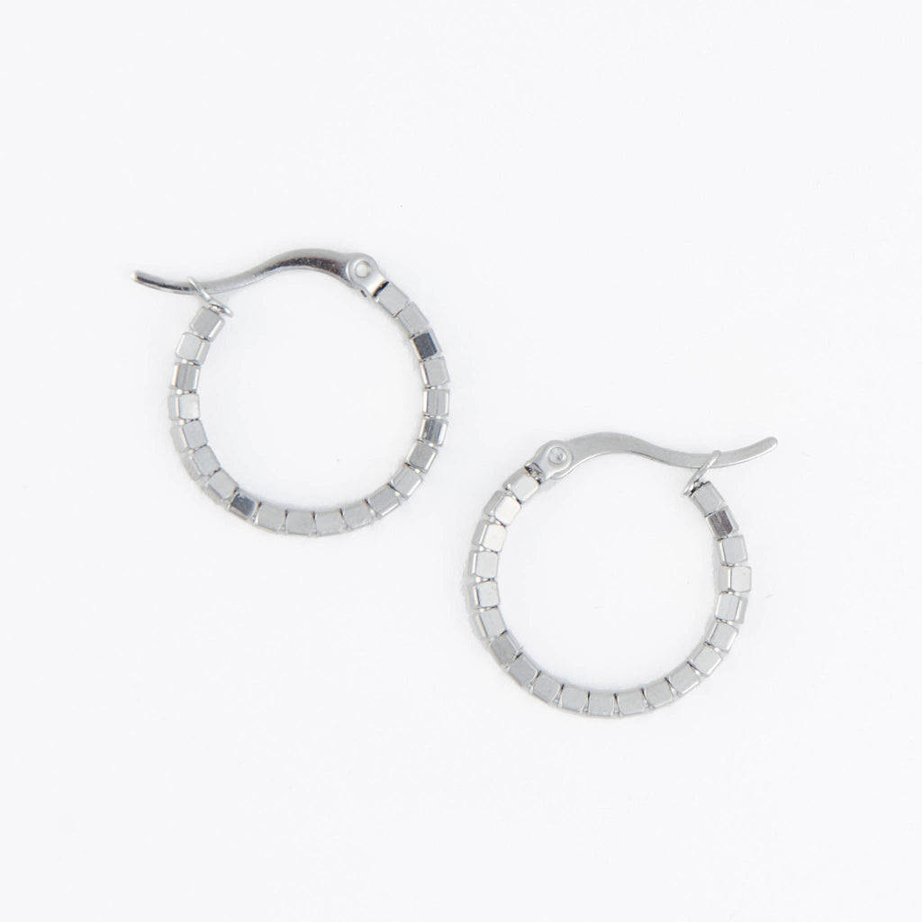 Waterproof Earrings Square Beaded Hoop in Gold & Steel