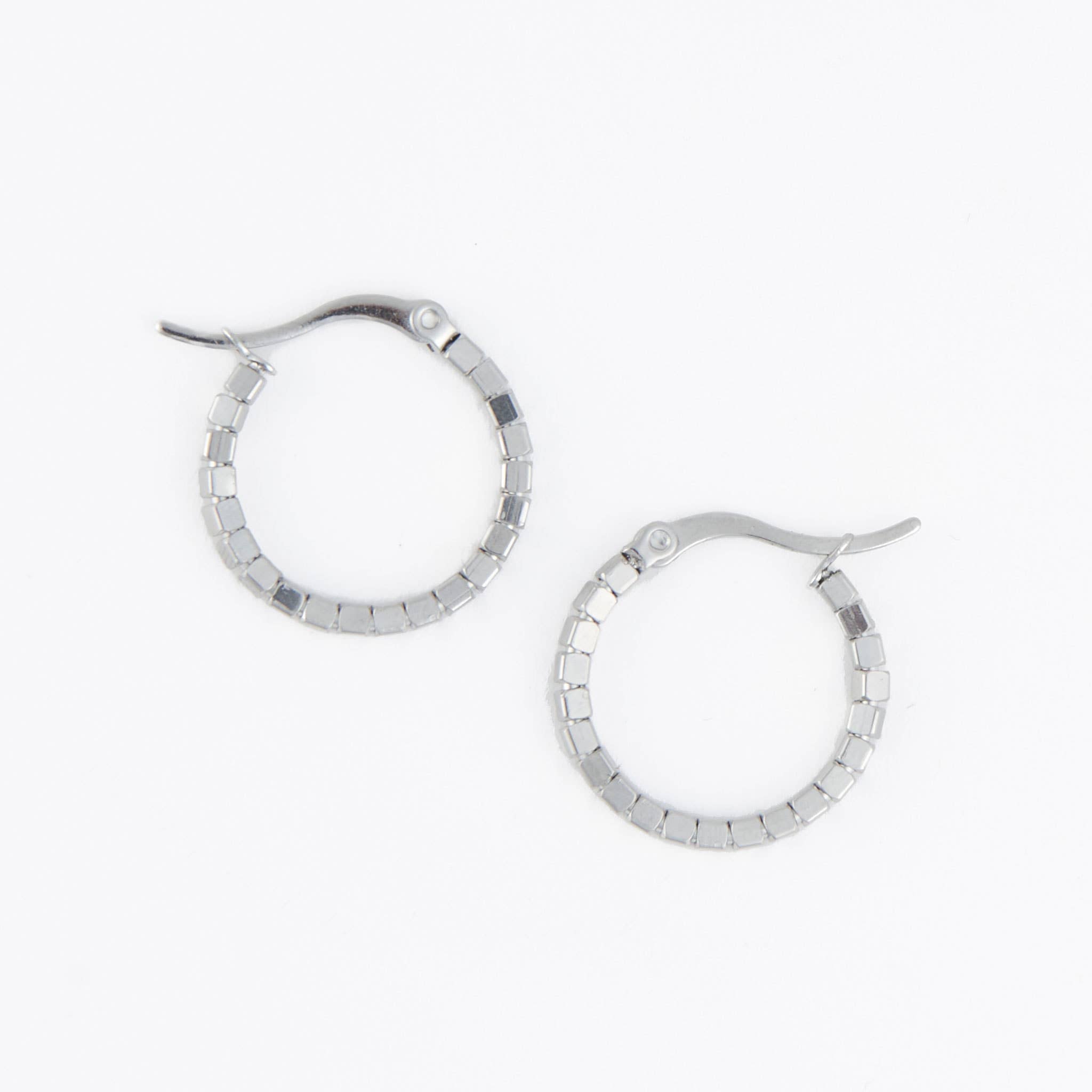 Waterproof Earrings Square Beaded Hoop in Gold & Steel