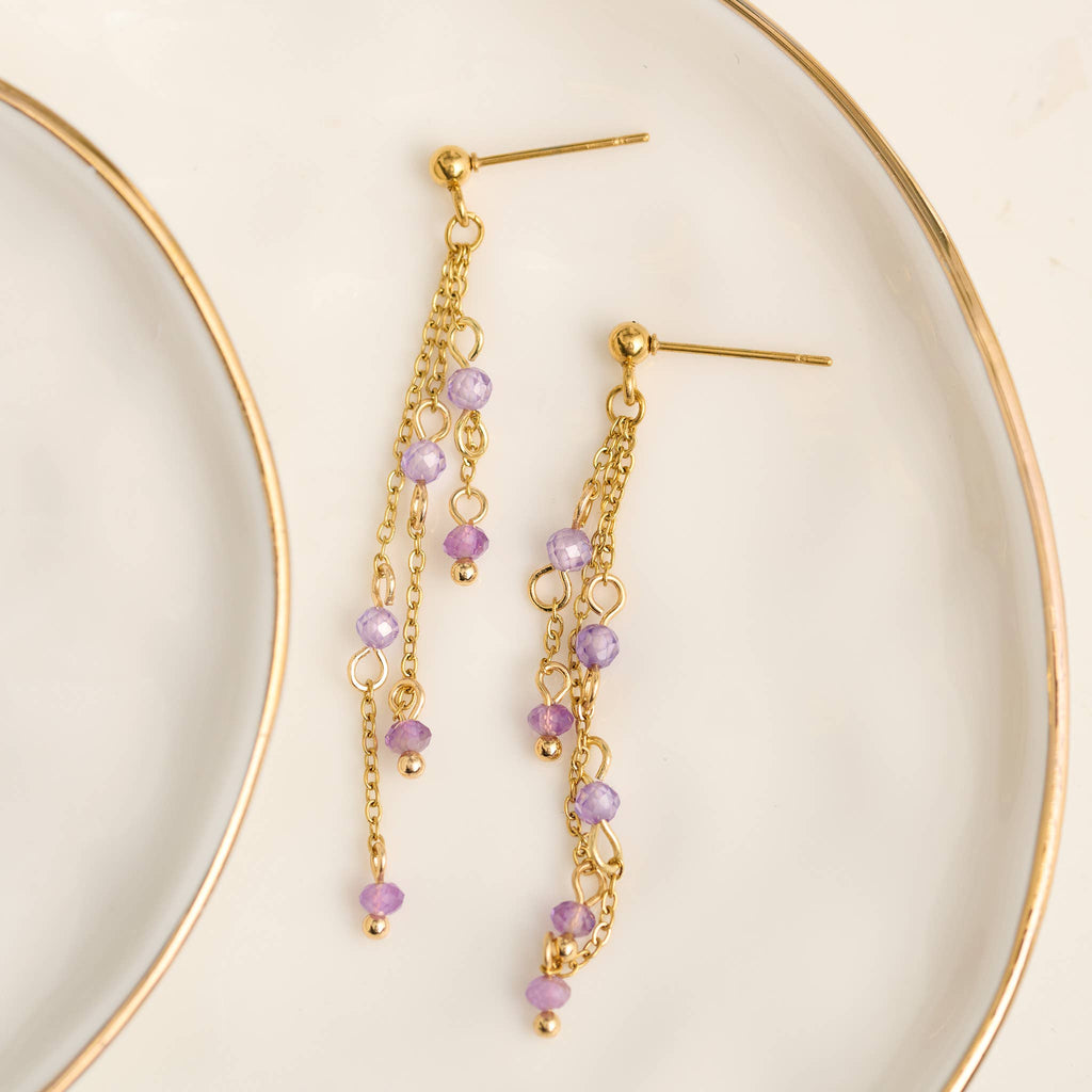 Waterproof Earrings Amethyst Drop Narelle Gold Beaded Chain